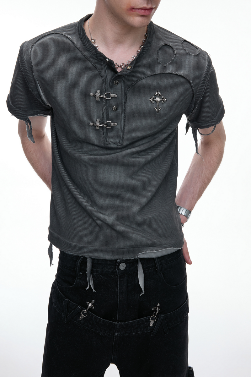Distressed Ribbed Henley T-Shirt