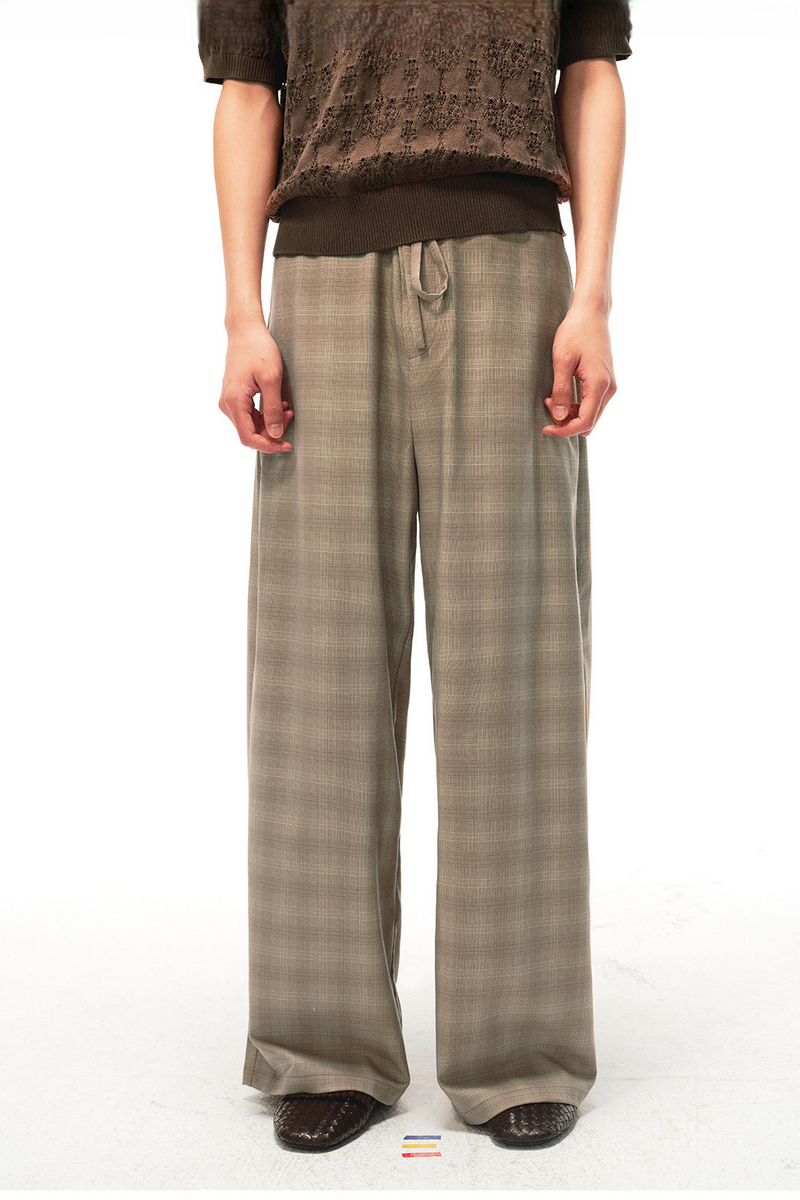 Drawstring Plaid Straight Trousers