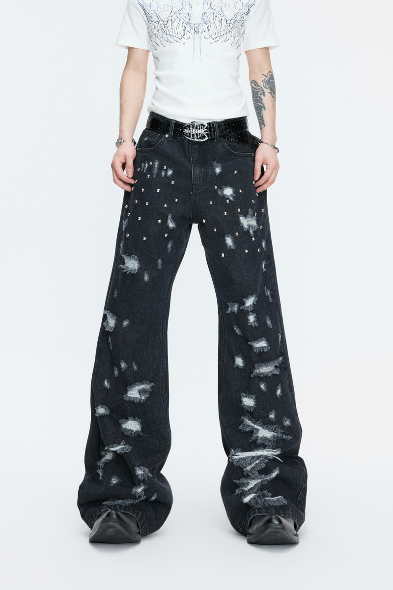Distressed Studded Straight Jeans