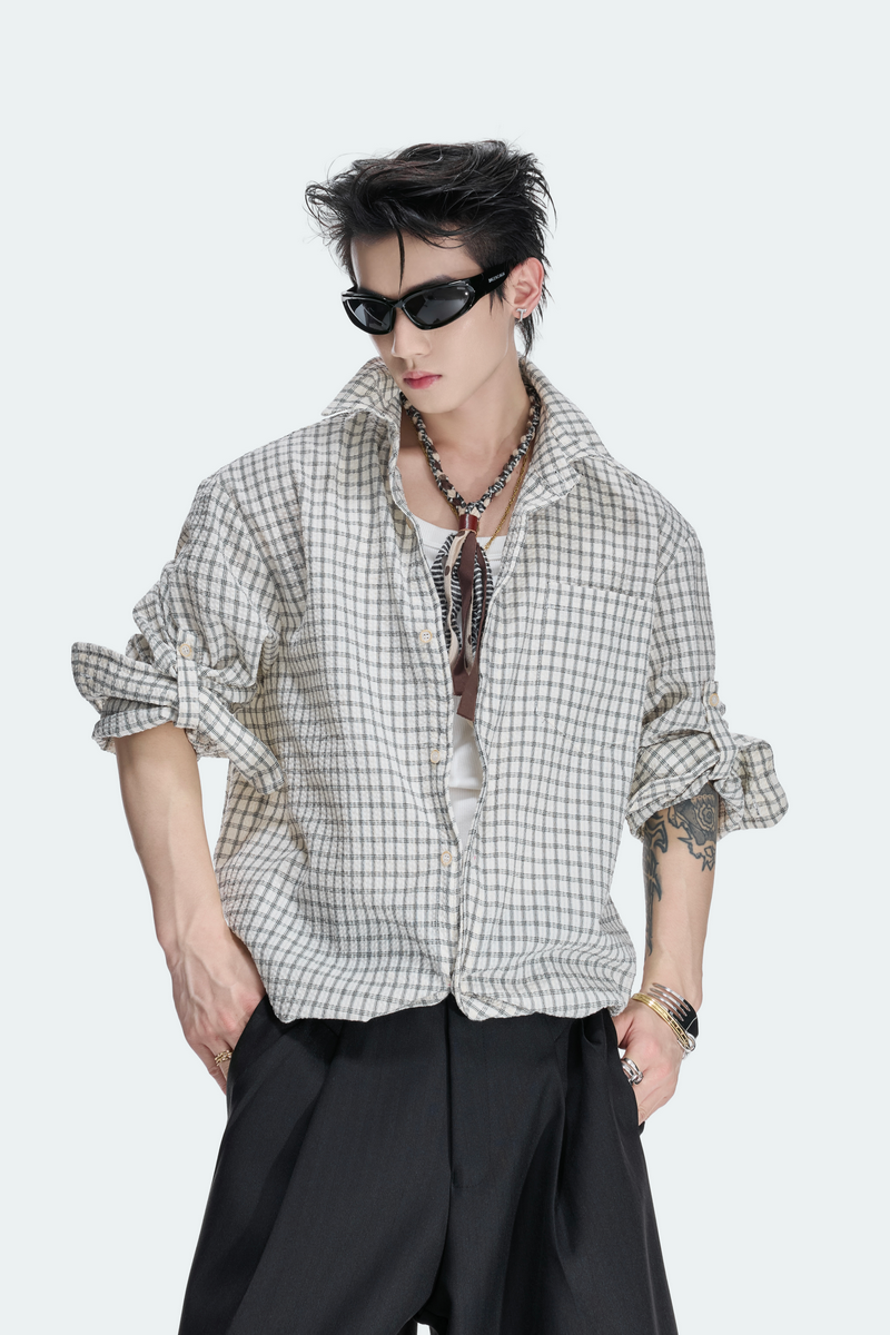 Textured Plaid Drawstring Shirt