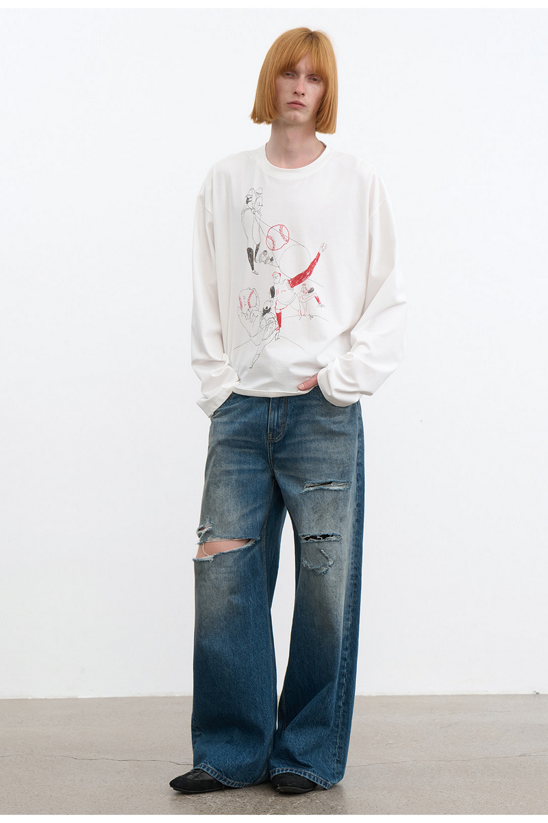 Slashed Distressed Straight Jeans