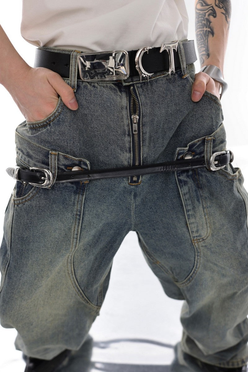 Retro Washed Double Belt Jeans