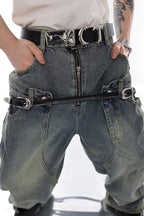 Retro Washed Double Belt Jeans