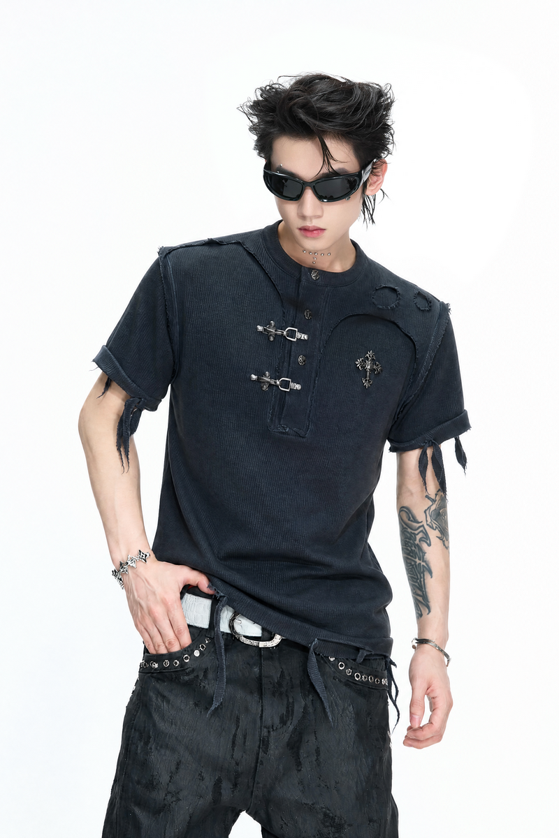 Distressed Ribbed Henley T-Shirt