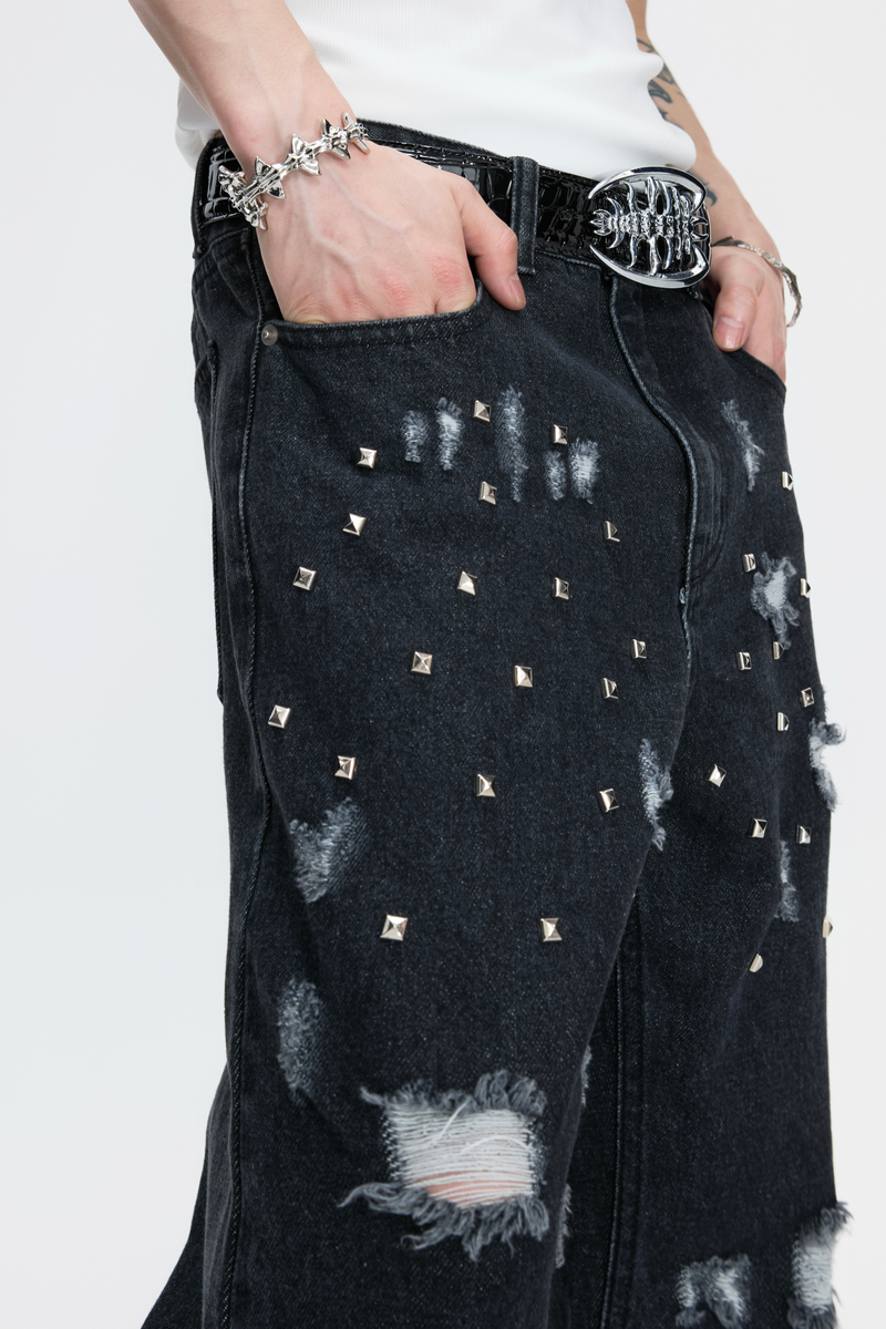 Distressed Studded Straight Jeans