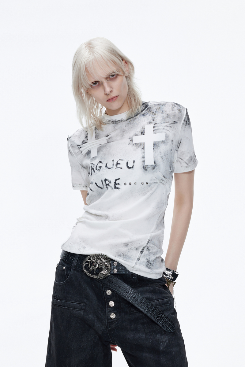 Distressed Cross Studded T-Shirt