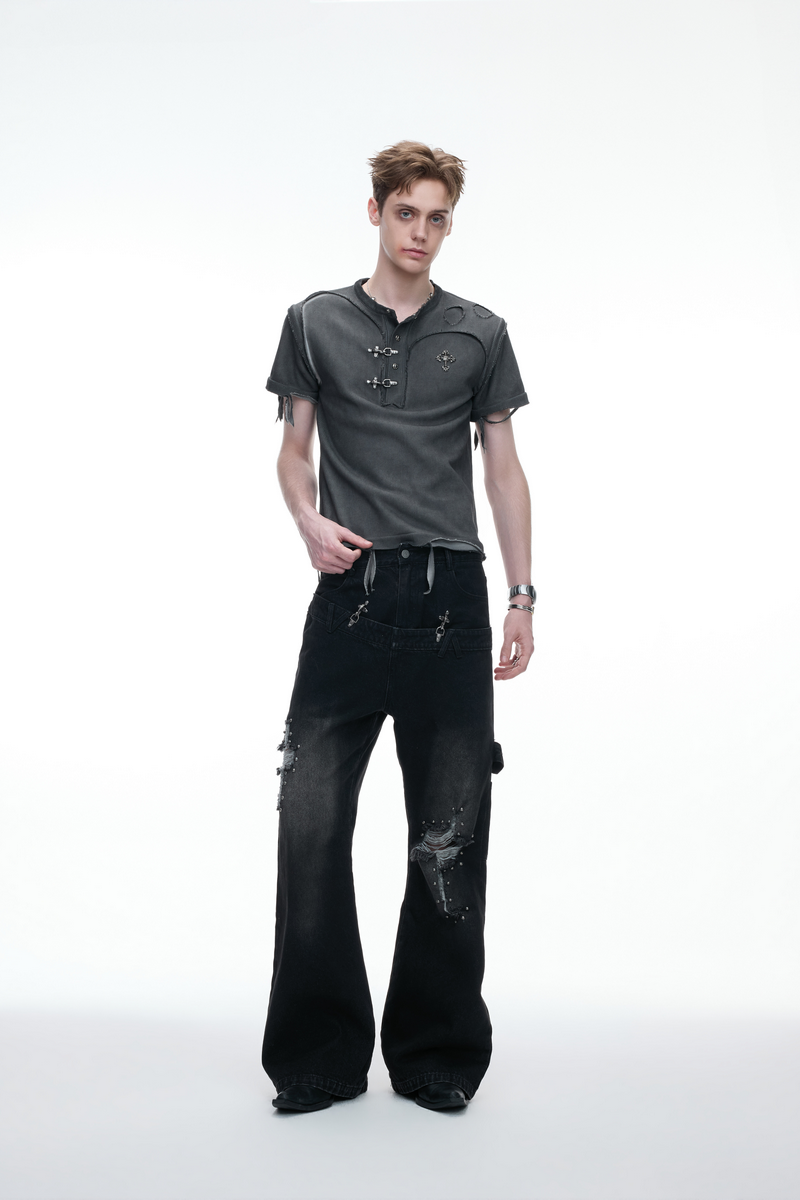 Distressed Ribbed Henley T-Shirt
