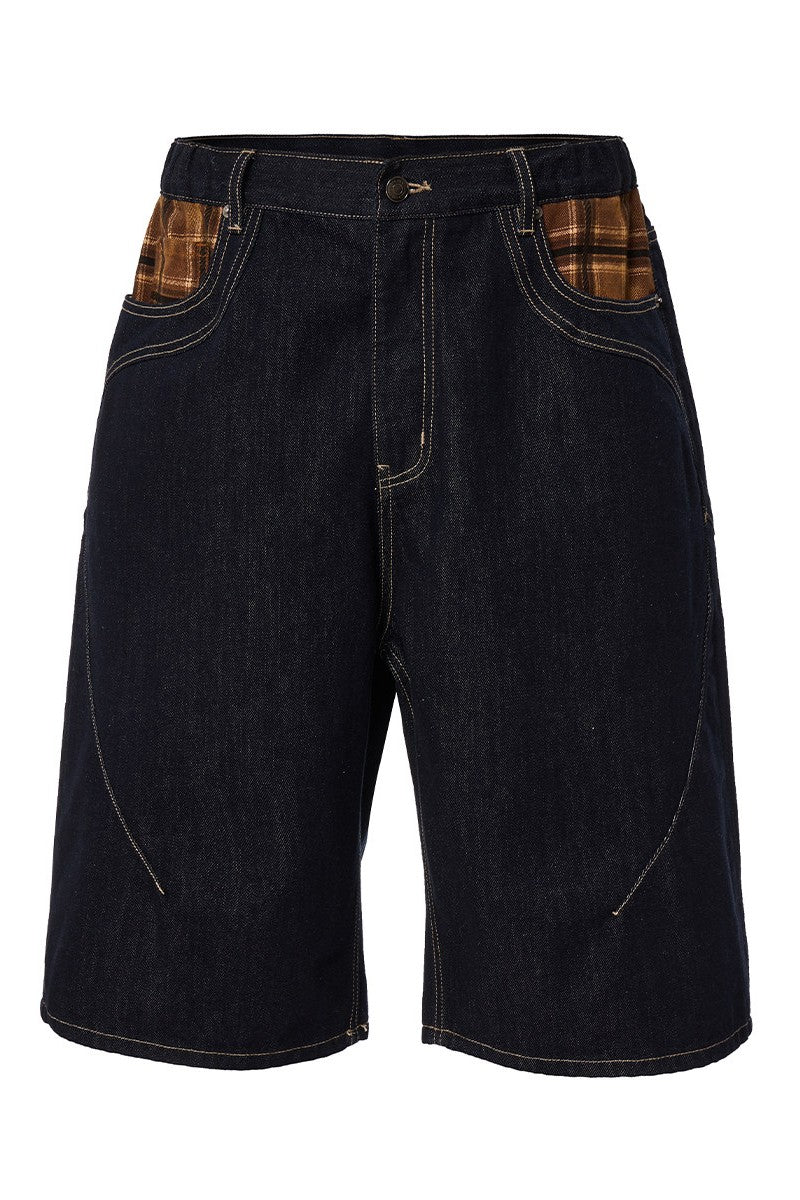 Plaid Patchwork Denim Shorts