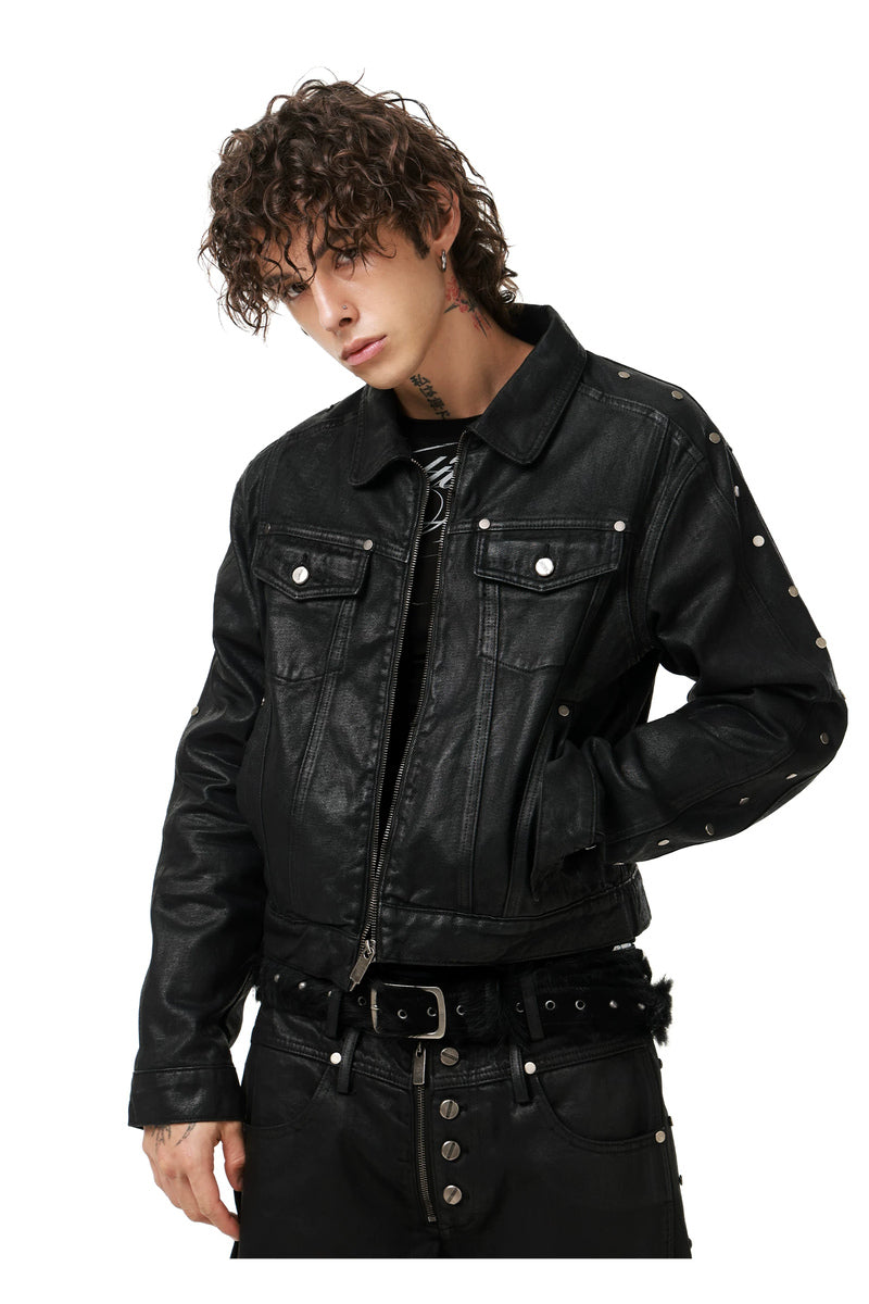 Waxed Studded Denim Jacket — Black, model and product detail view