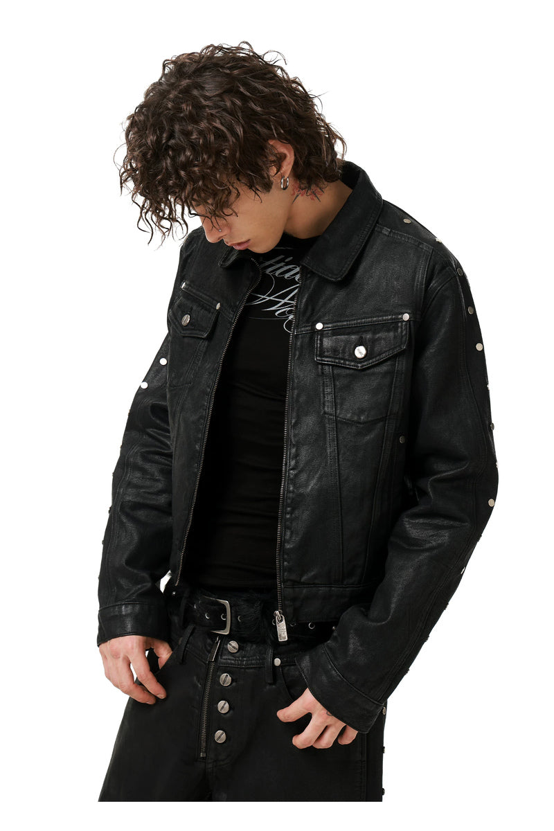 Waxed Studded Denim Jacket — Black, model and product detail view
