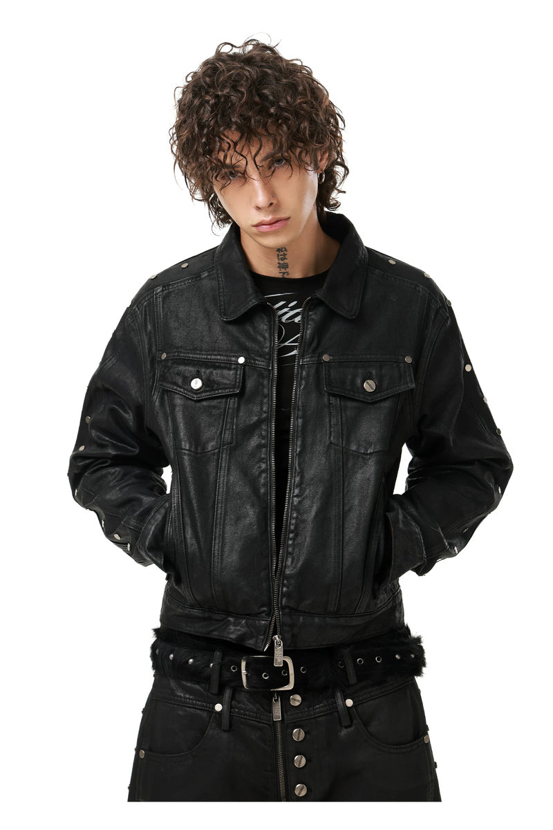 Waxed Studded Denim Jacket — Black, model and product detail view