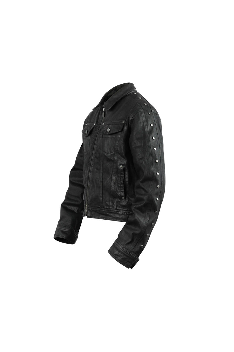 Waxed Studded Denim Jacket — Black, model and product detail view