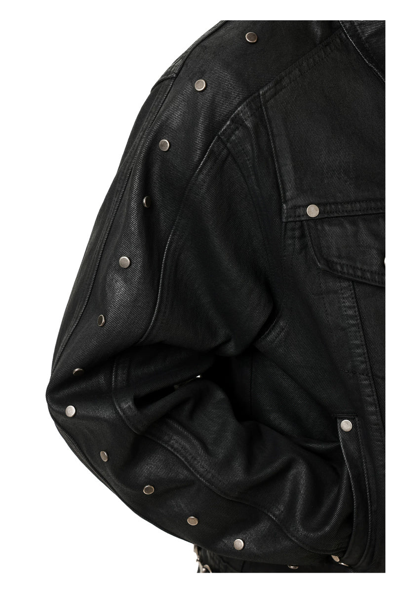 Waxed Studded Denim Jacket — Black, model and product detail view