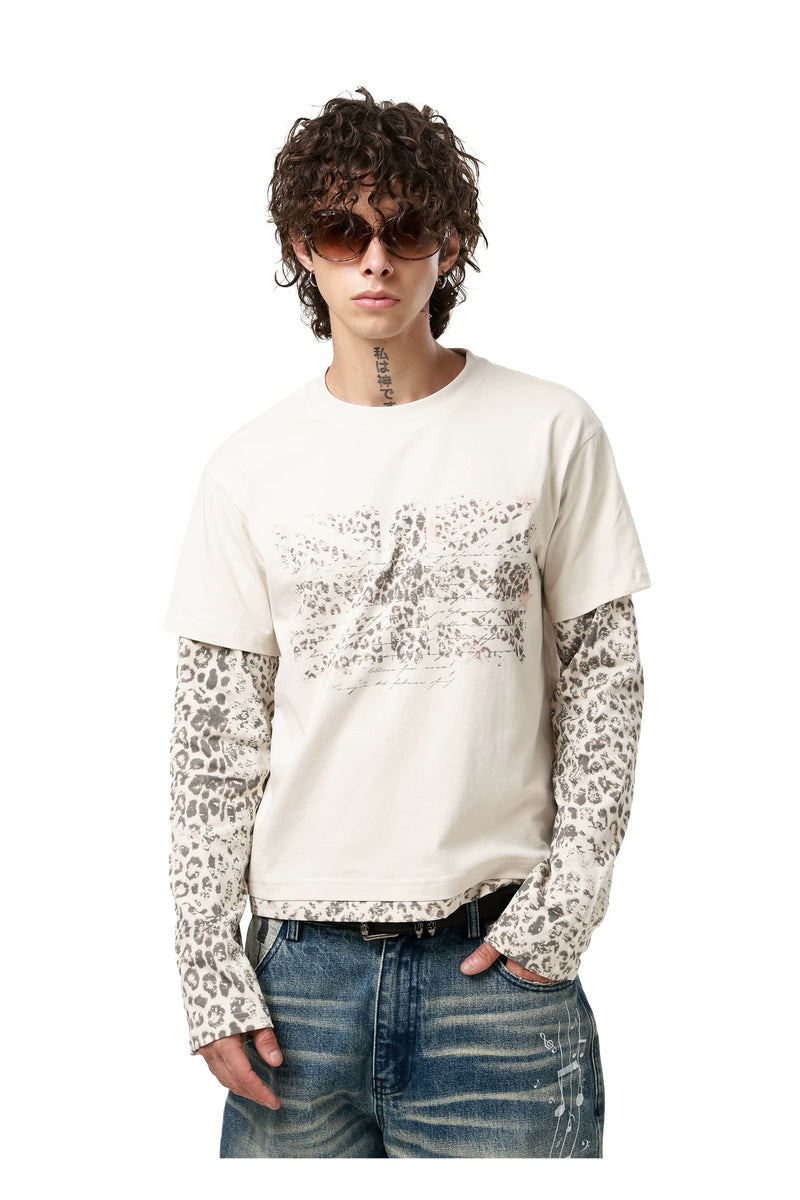 Leopard Union Jack Layered Tee — Apricot, model and product detail view