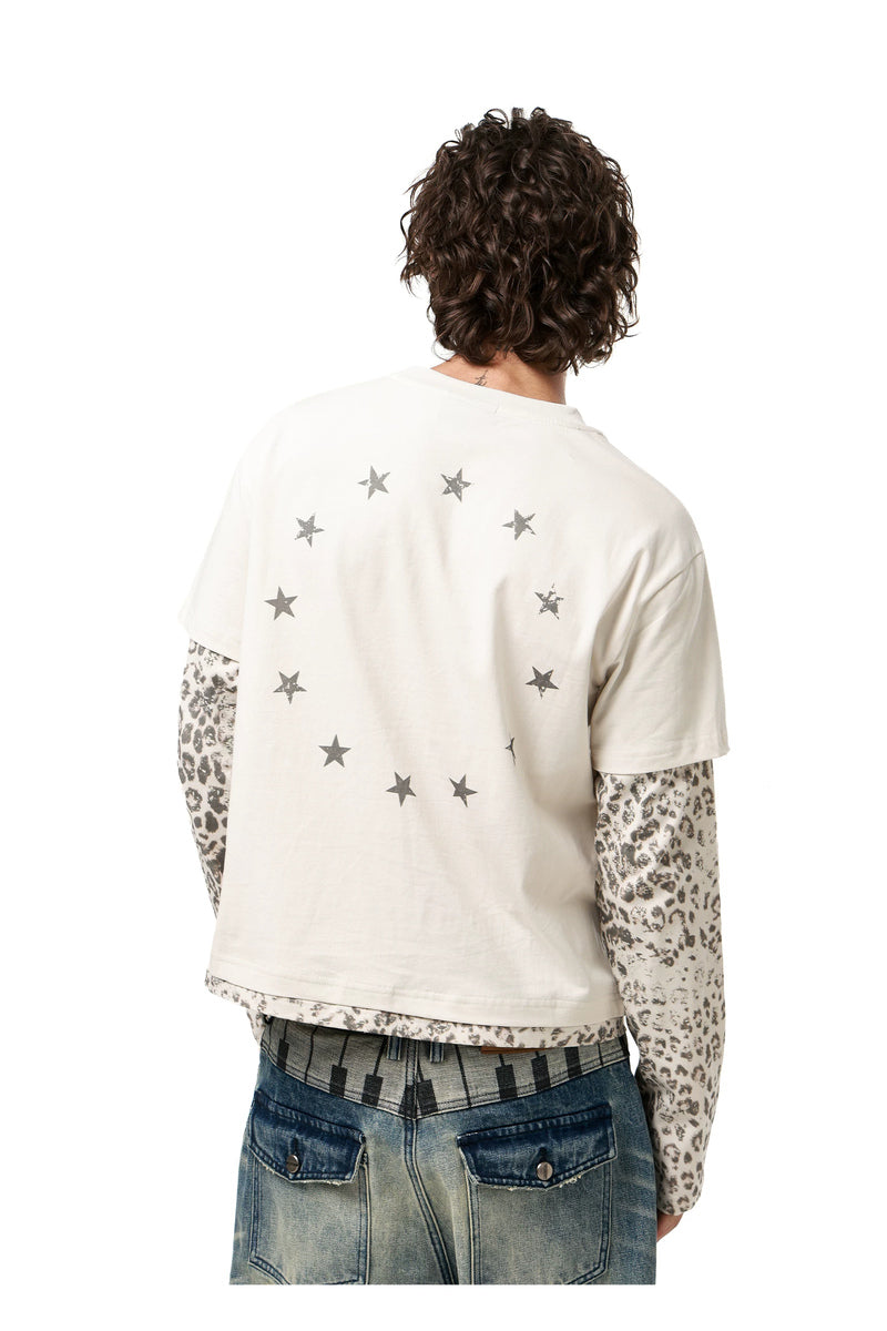Leopard Union Jack Layered Tee — Apricot, model and product detail view