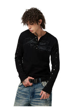 Studded Script Henley Longsleeve — Black, model and product detail view