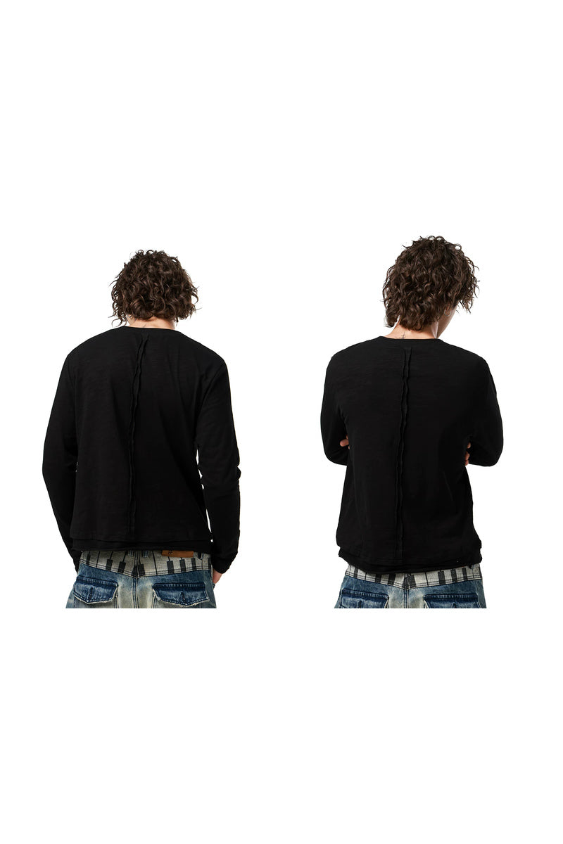 Studded Script Henley Longsleeve — Black, model and product detail view