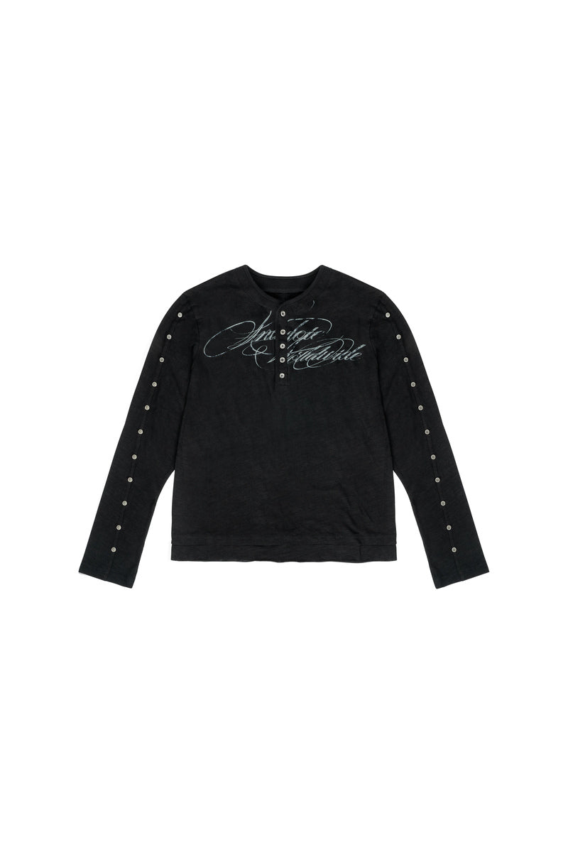 Studded Script Henley Longsleeve — Black, product view on white background