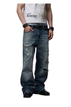 Distressed Embroidered Straight Jeans — Washed Blue, model and product detail view