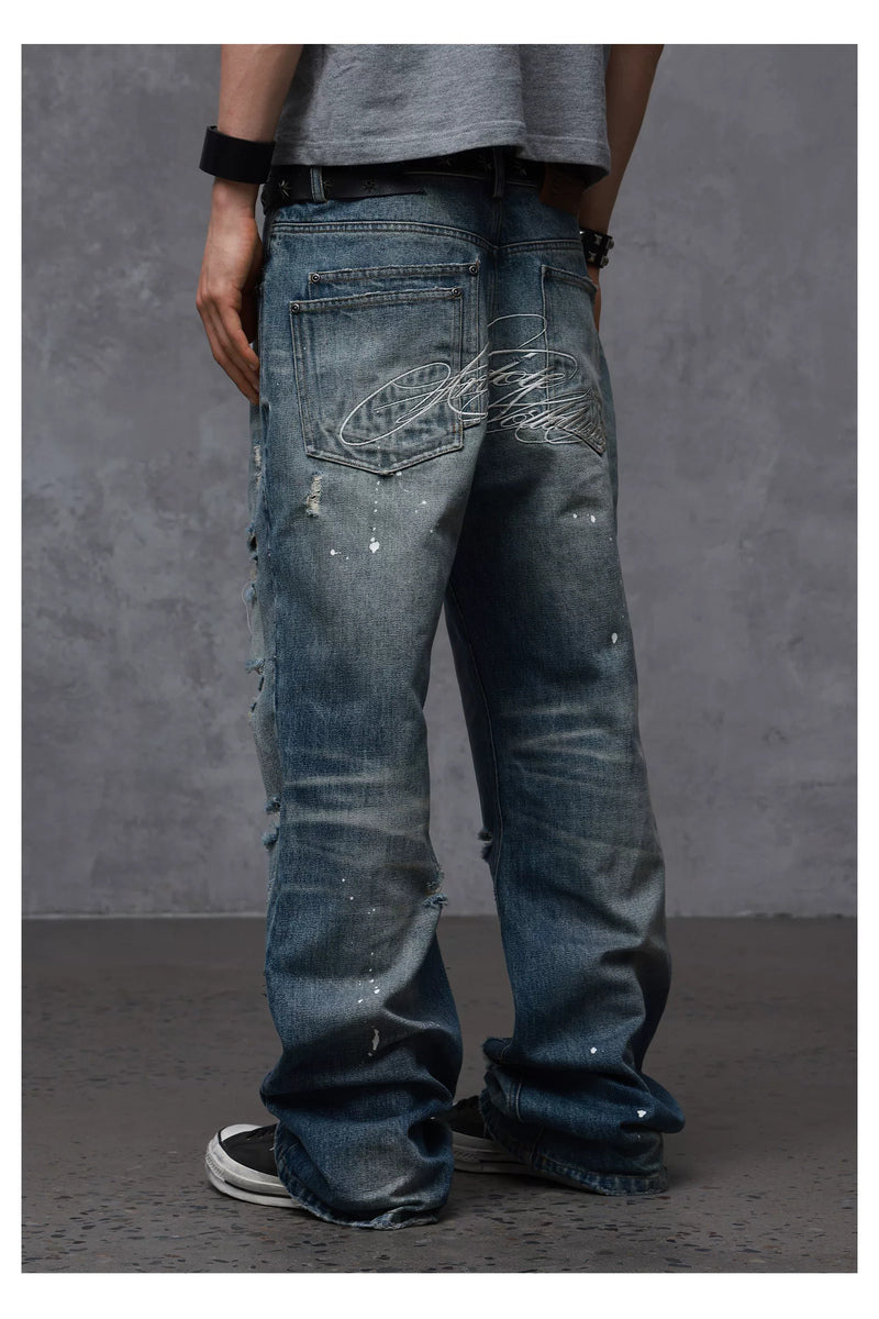 Distressed Embroidered Straight Jeans — Washed Blue, model and product detail view