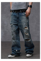 Distressed Embroidered Straight Jeans — Washed Blue, model and product detail view
