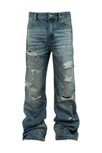 Distressed Embroidered Straight Jeans — Washed Blue, front view on white background