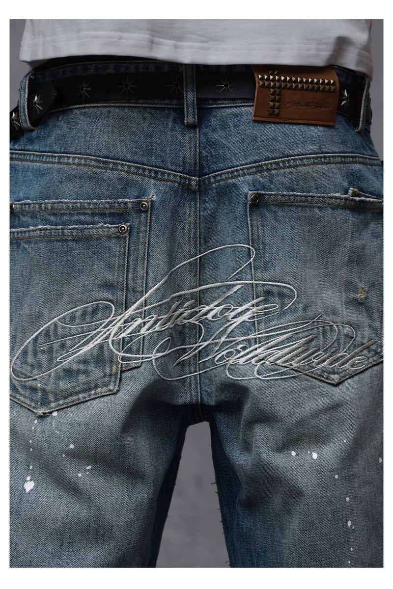 Distressed Embroidered Straight Jeans — Washed Blue, model and product detail view