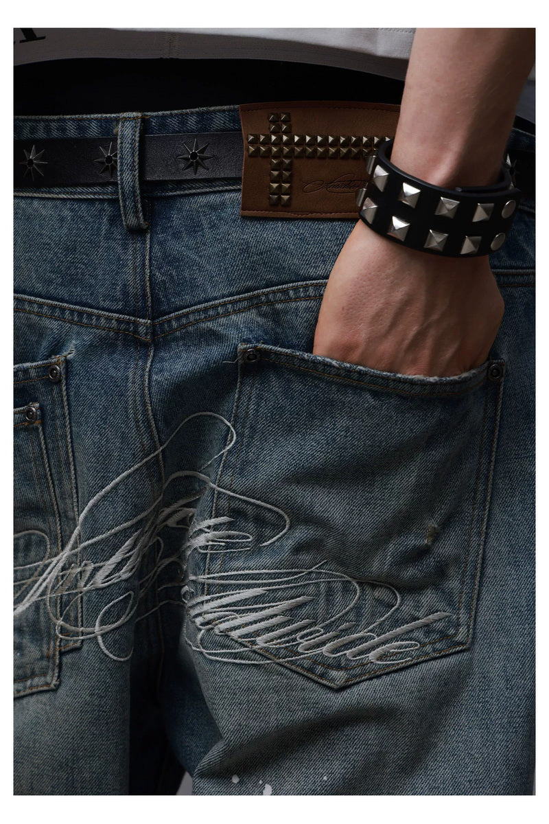 Distressed Embroidered Straight Jeans — Washed Blue, model and product detail view