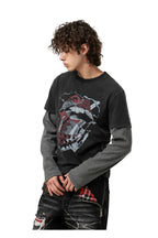 Distressed Rock Graphic Longsleeve — Washed Black, model and product detail view