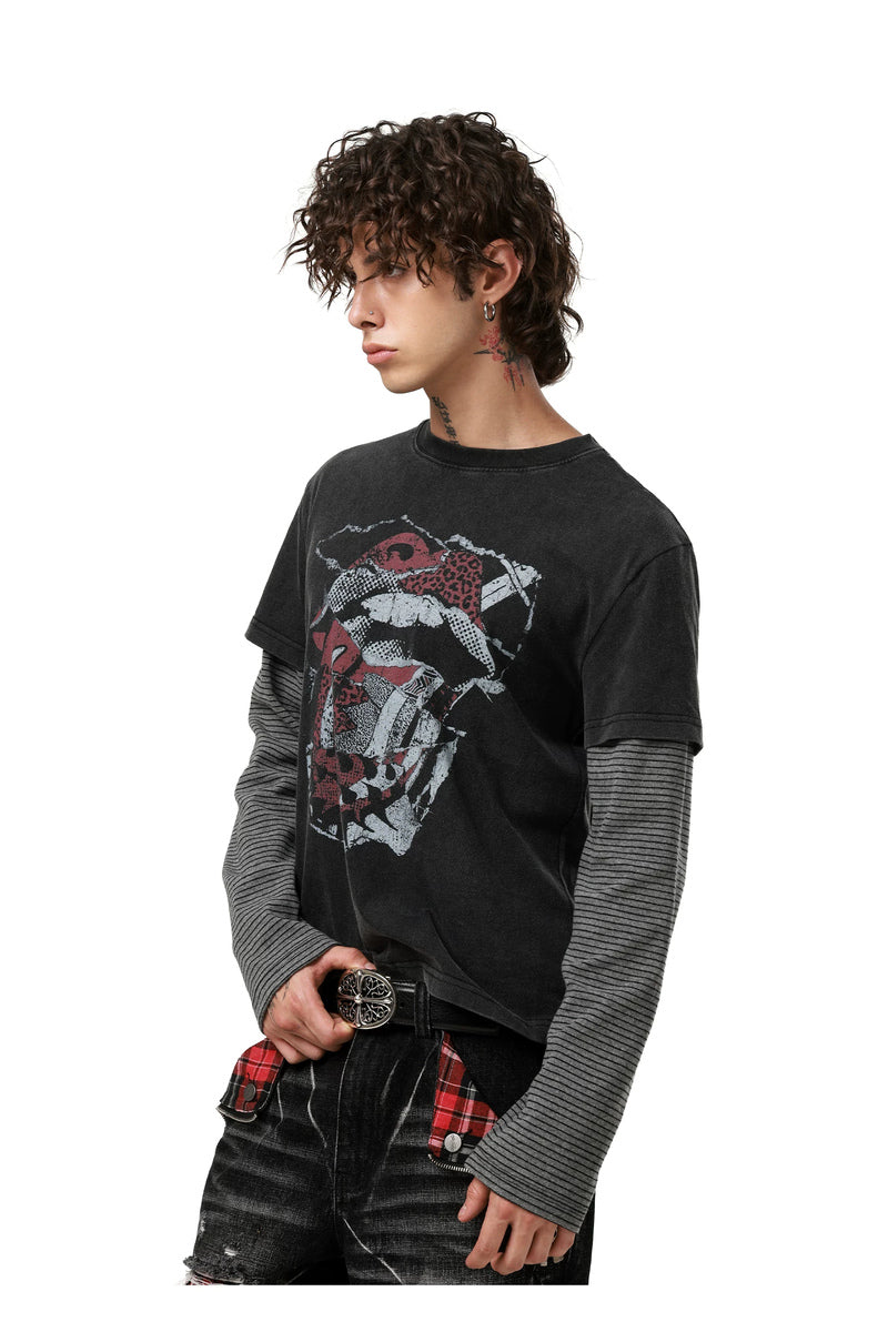 Distressed Rock Graphic Longsleeve — Washed Black, model and product detail view