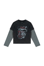 Distressed Rock Graphic Longsleeve — Washed Black, product view on white background