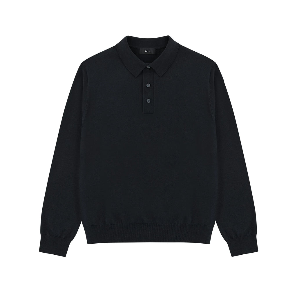 Silk Blend Knit Polo in Black, front view