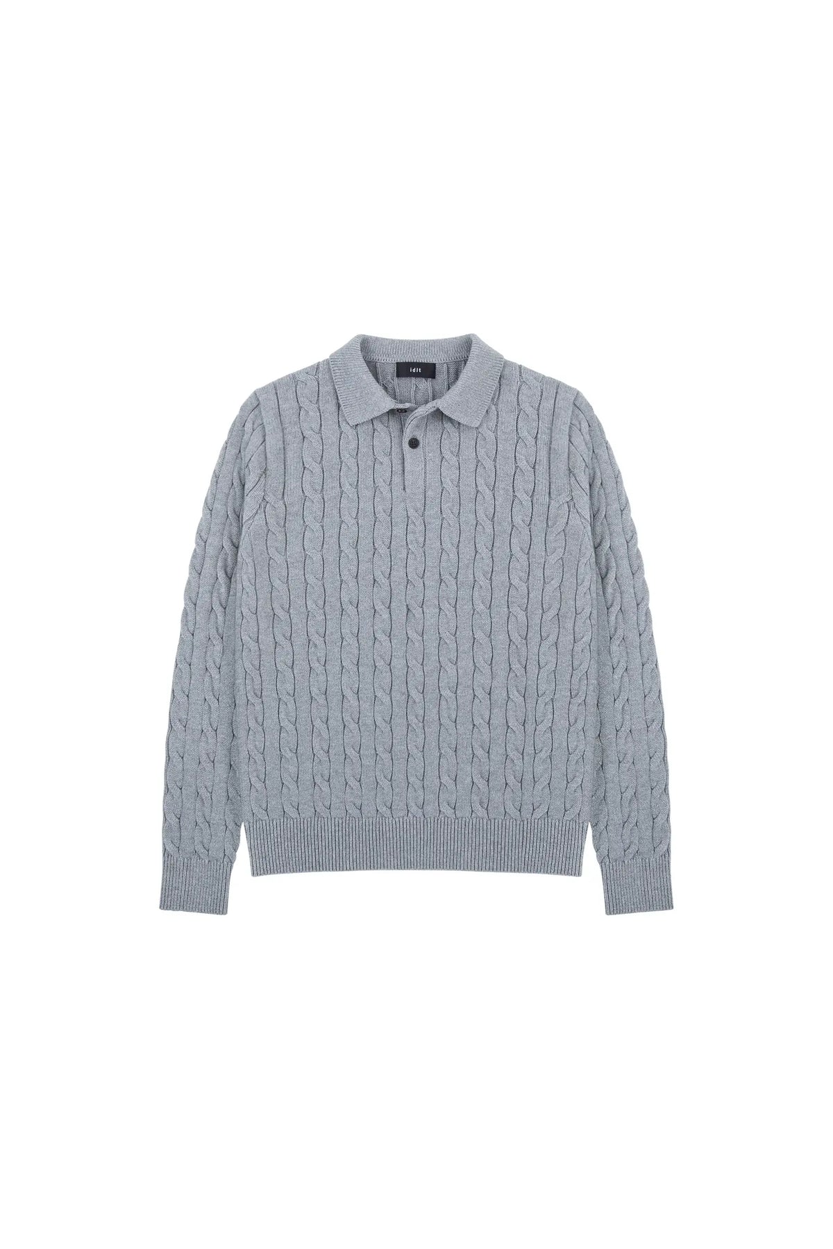 Cotton Cable Knit Polo in Heather Grey, front view