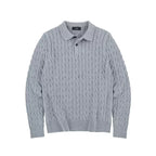 Cotton Cable Knit Polo in Heather Grey, angled flat view