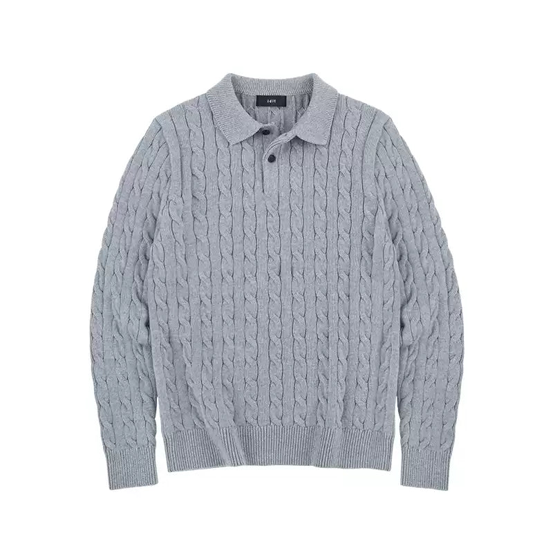 Cotton Cable Knit Polo in Heather Grey, angled flat view