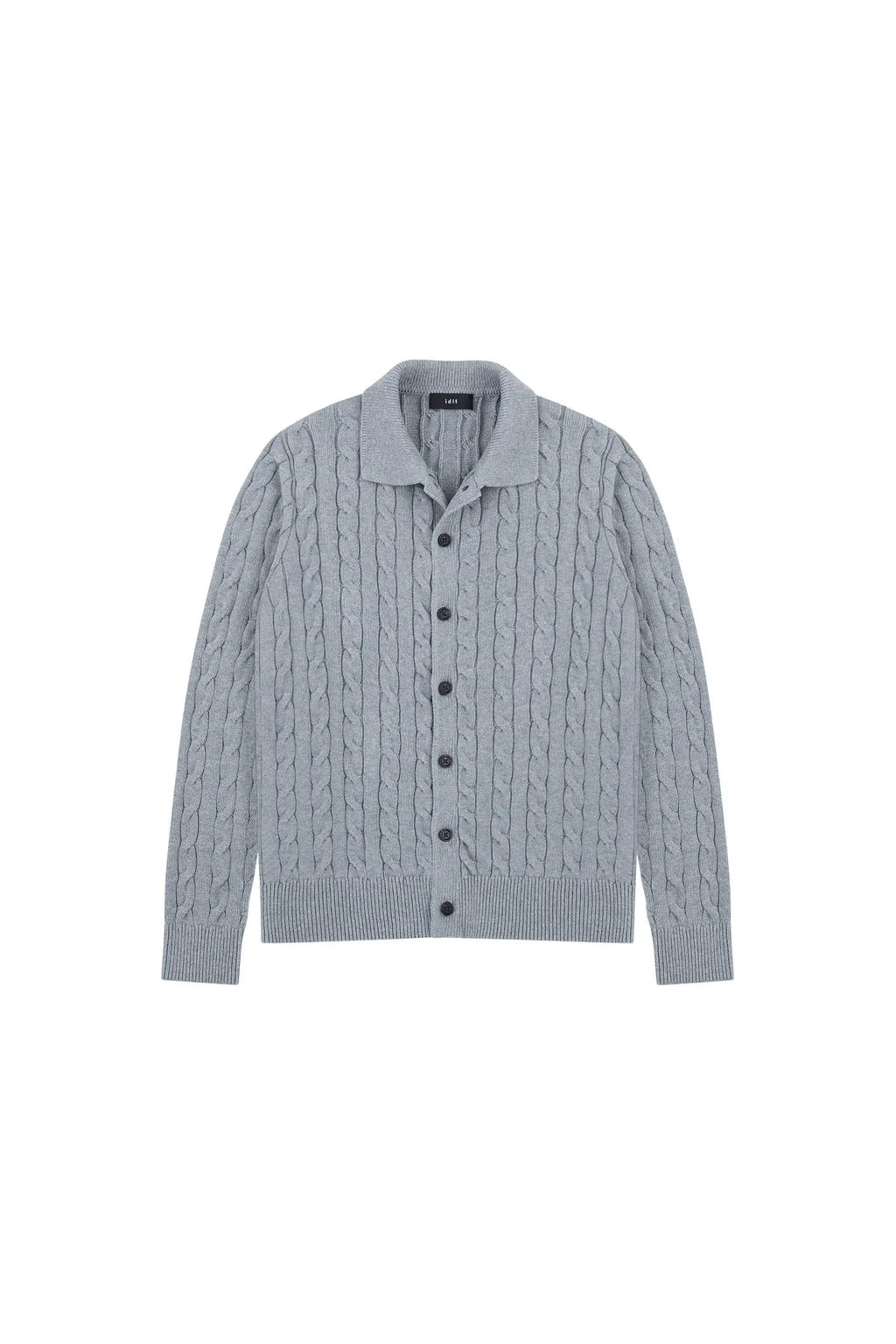 Collared Cable Knit Cardigan in Heather Grey, front view