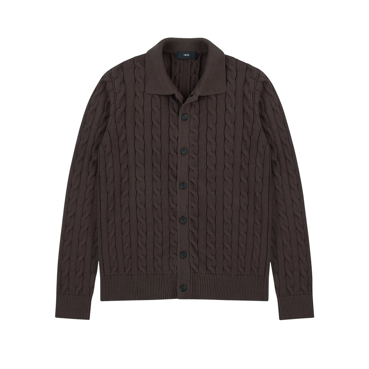 Collared Cable Knit Cardigan in Dark Brown, front view