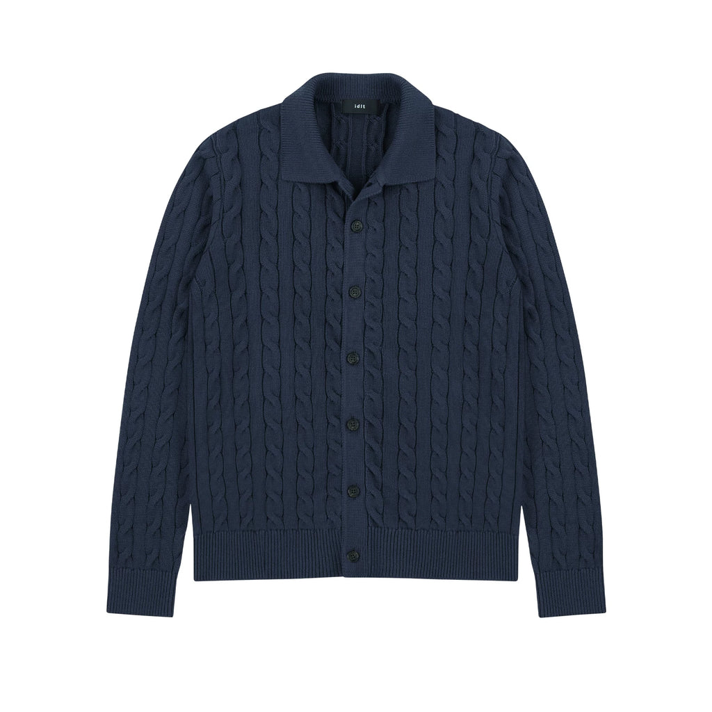 Collared Cable Knit Cardigan in Navy, front view