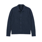 Collared Cable Knit Cardigan in Navy, front view