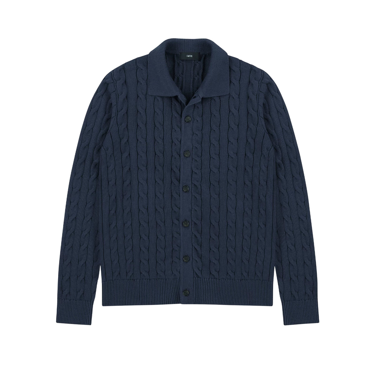 Collared Cable Knit Cardigan in Navy, front view
