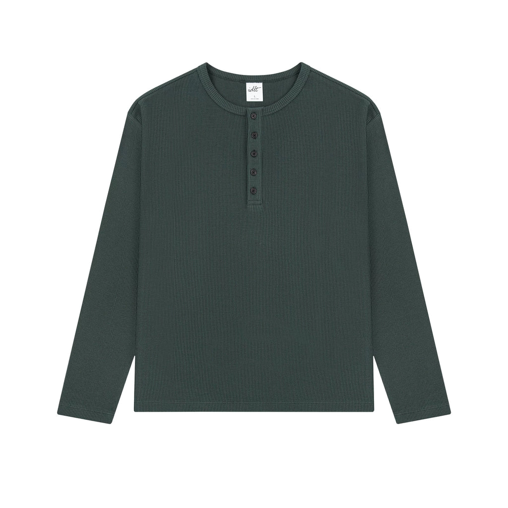Waffle Knit Henley Shirt in Dark Green, front view