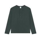 Waffle Knit Henley Shirt in Dark Green, front view