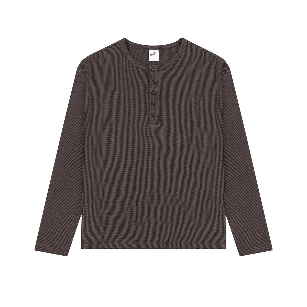 Waffle Knit Henley Shirt in Brown, front view