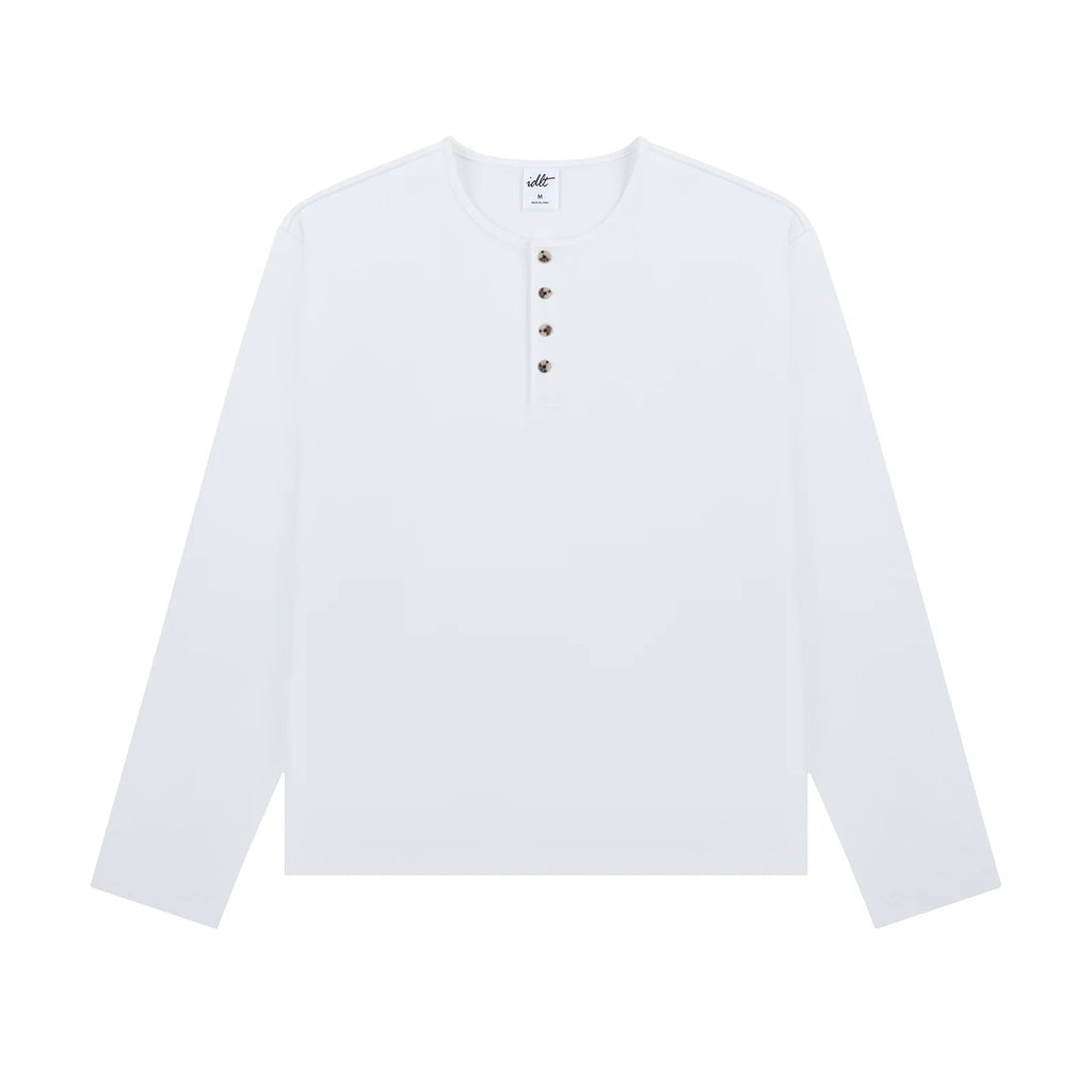 Cotton Long Sleeve Henley in White, front view