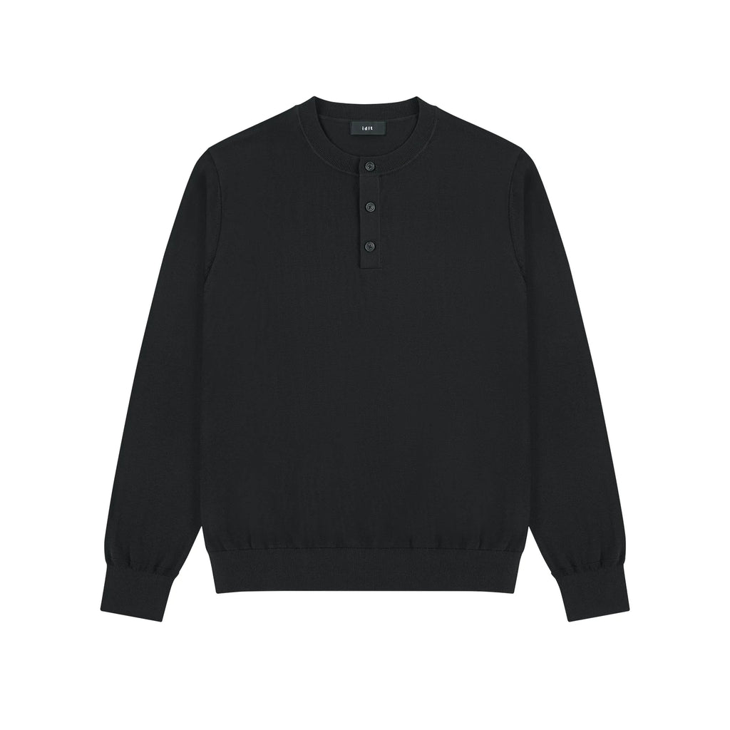 Fitted Knit Henley Shirt in Black, front