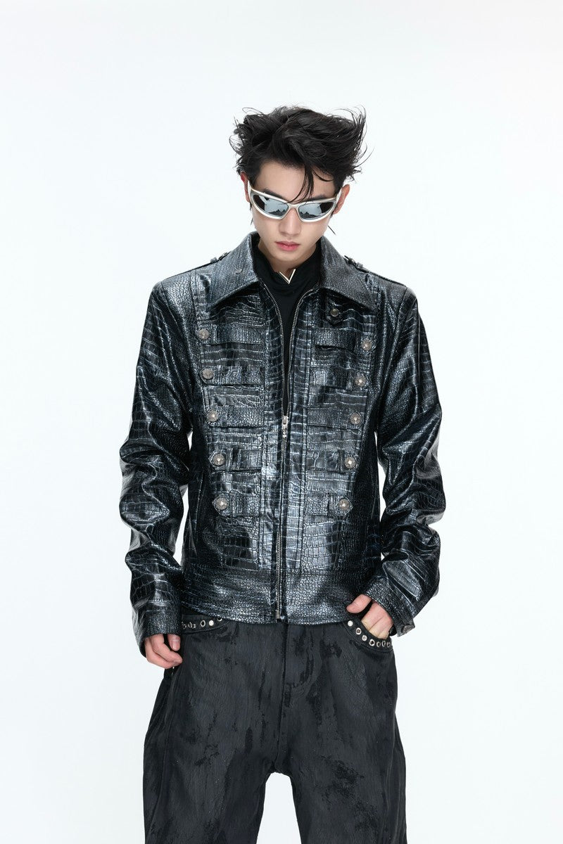 Crocodile Embossed Leather Jacket