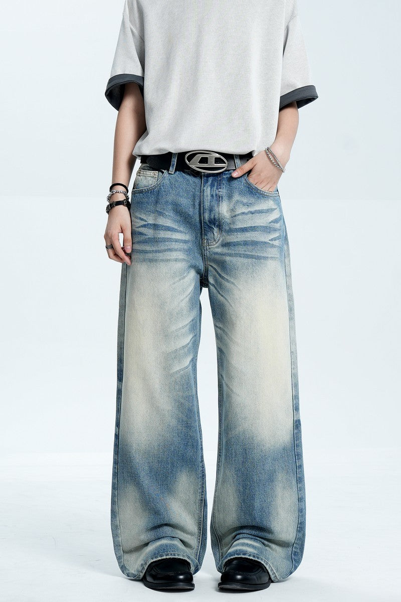 Whiskered Straight Blue Jeans