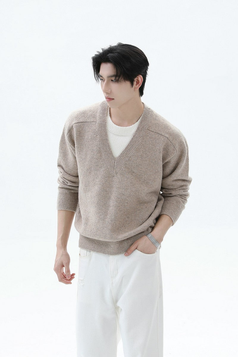 Layered Look V-Neck Wool Sweater