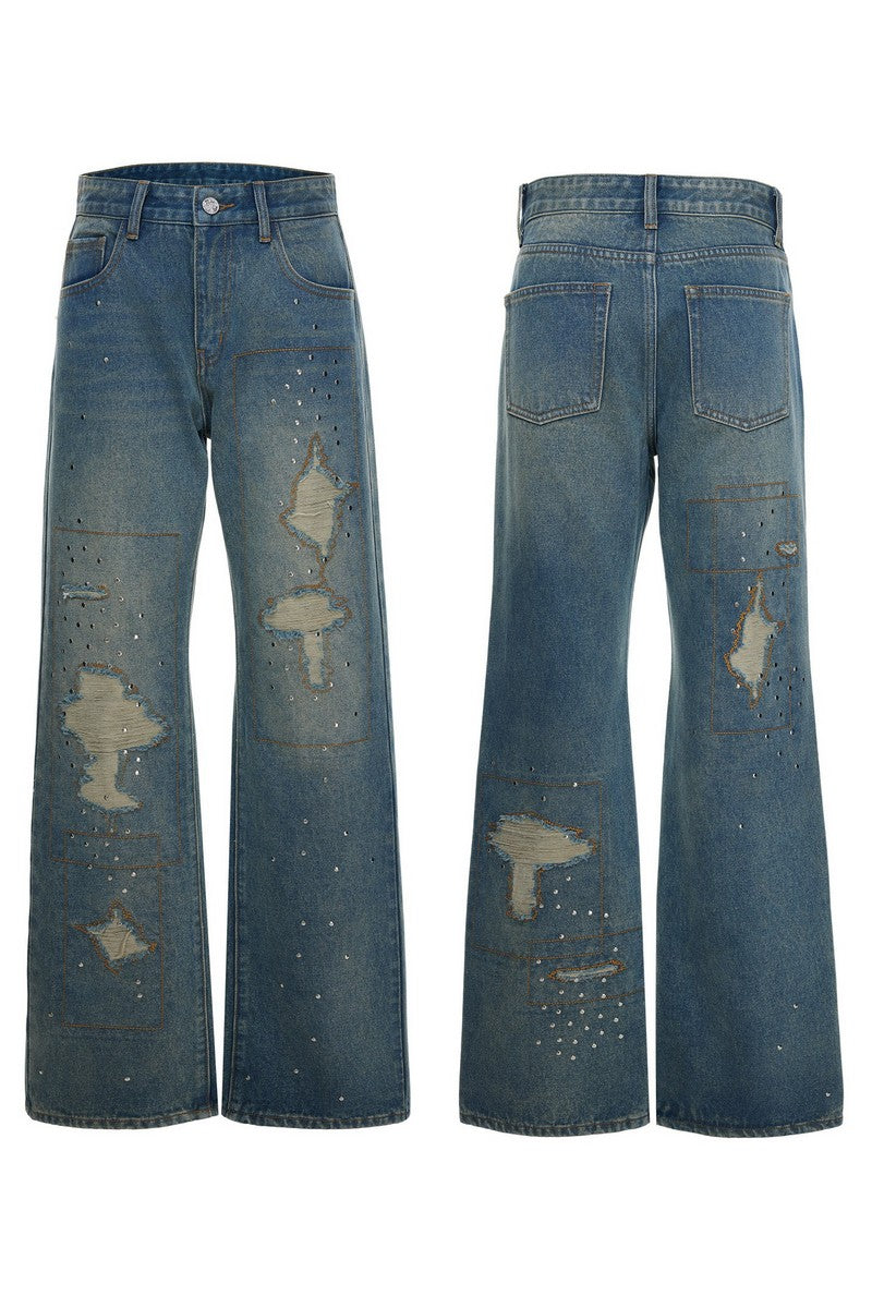 Distressed Patchwork Studded Jeans