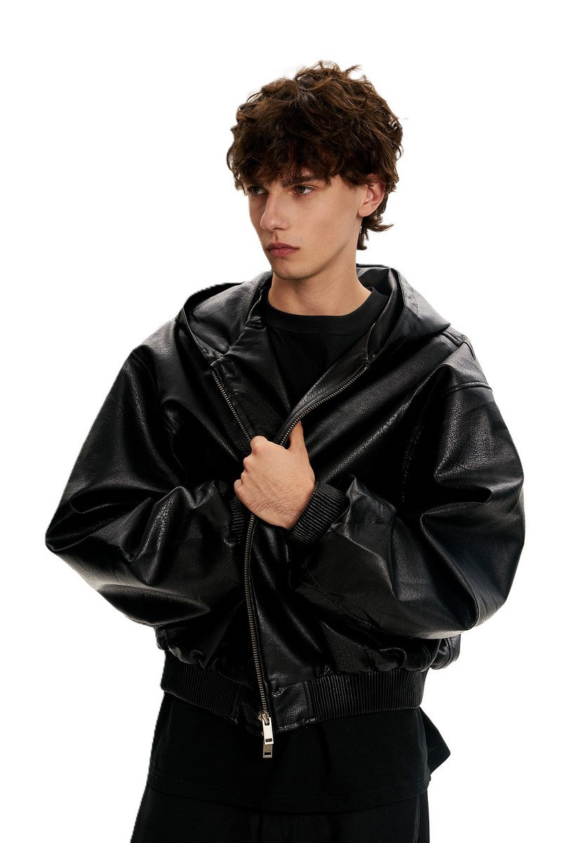 Black PU Hooded Jacket